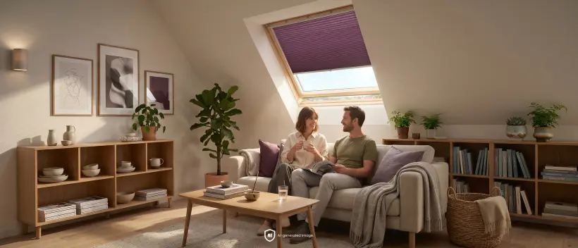 Paar sitzt auf dem Sofa im Dachgeschoss, im Hintergrund ein Dachfenster-Plissee in Pflaume