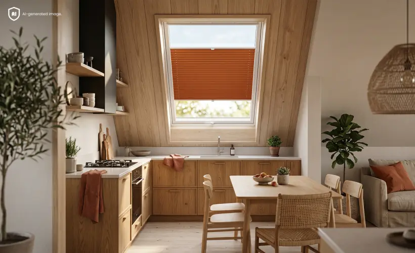 Small attic kitchen with an orange skylight blind on the window